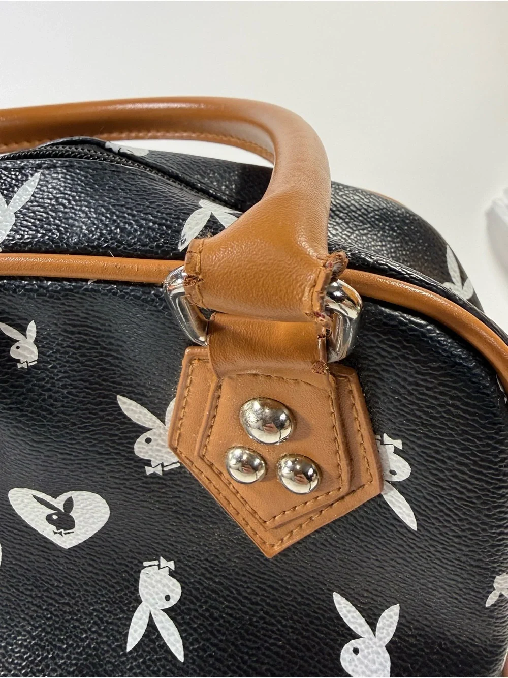 Vtg y2k Playboy Black and Tan Printed Satchel Bag pink interior - Picture 10 of 16